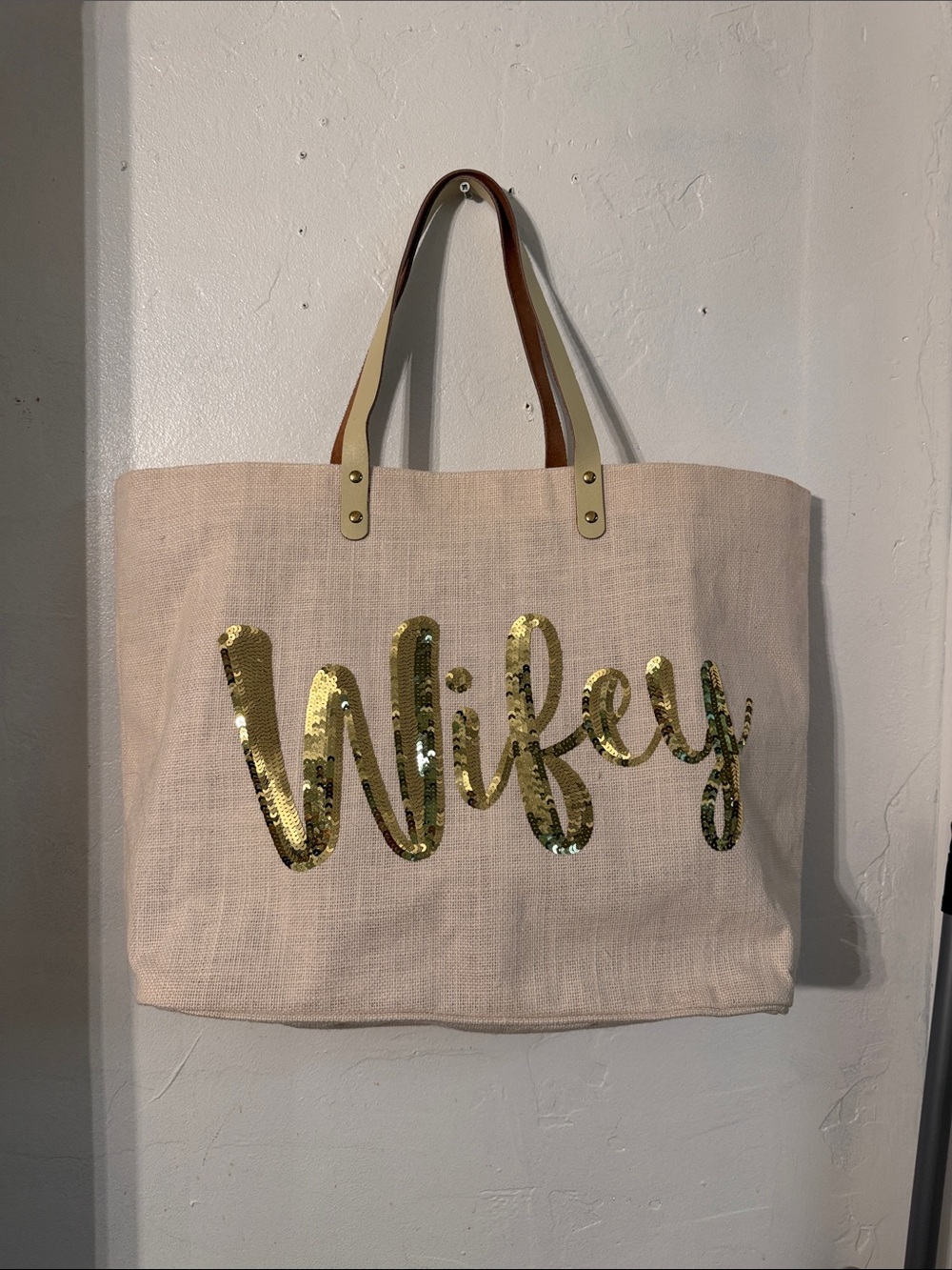Mud Pie Light cream Tote with Gold Sequin 'Wifey' Script